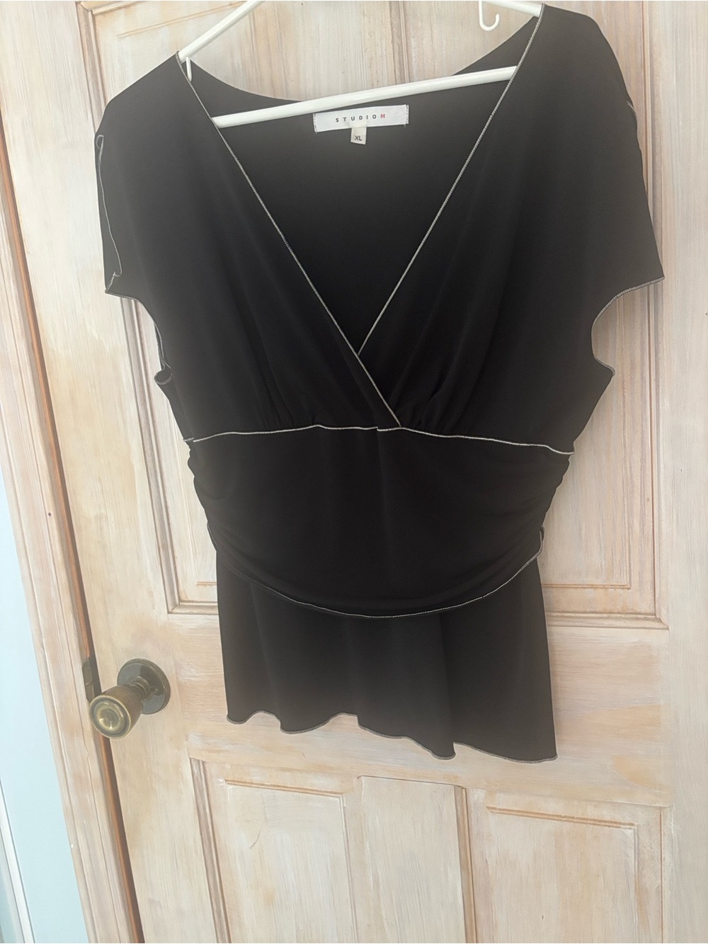 Studio M Black V-Neck Surplice Peplum Top with Contrast Stitch